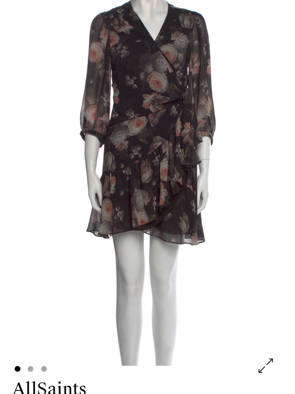 AllSaints Black Floral Wrap Mini Dress with Blush Roses